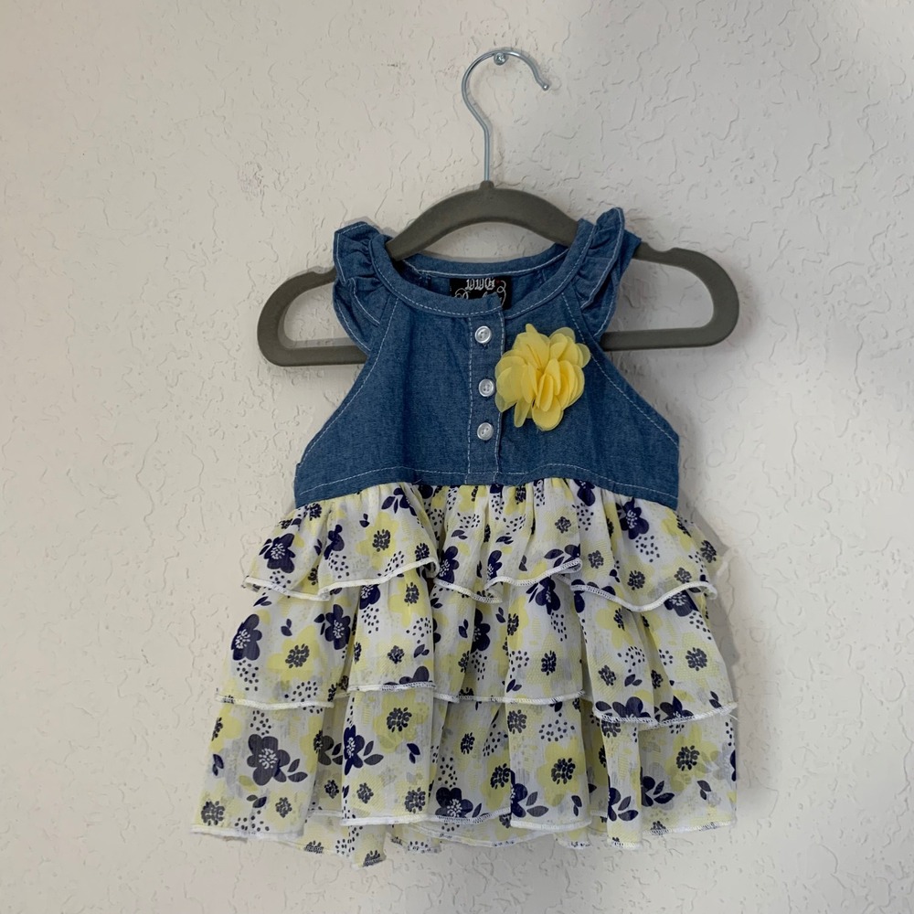 Baby Girls Chambray Denim Floral Ruffle Dress Size 24M Yellow Blue Preppy Cute